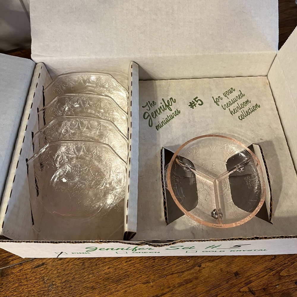 Vintage Jennifer Miniatures Set #5 Pink Glass Plates & Dish in Original Box